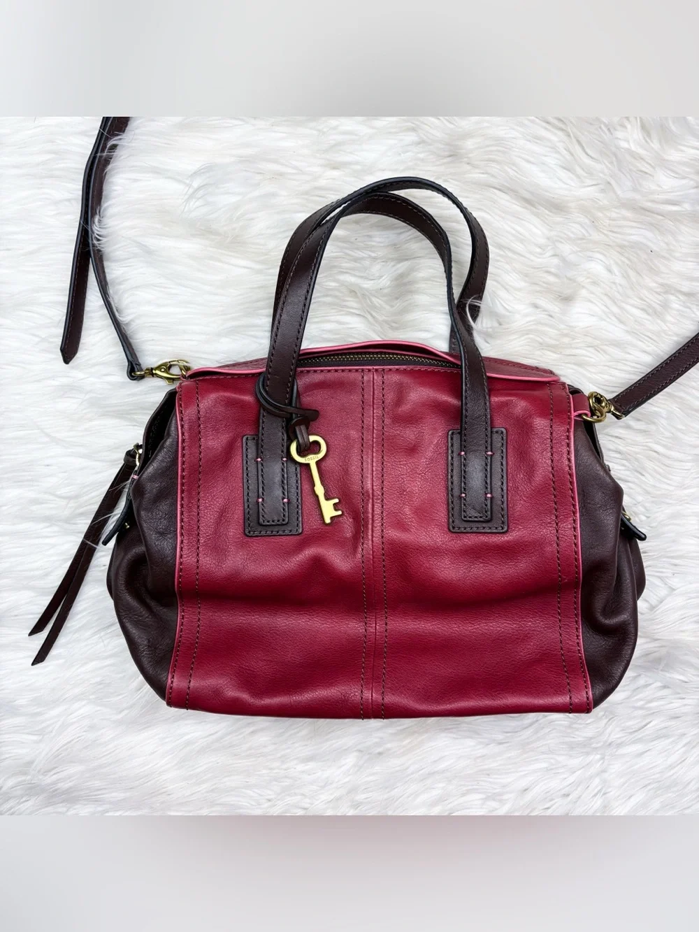 Fossil Emma Satchel Maroon Red Brown Cow Hide Leather Crossbody Bag Purse
